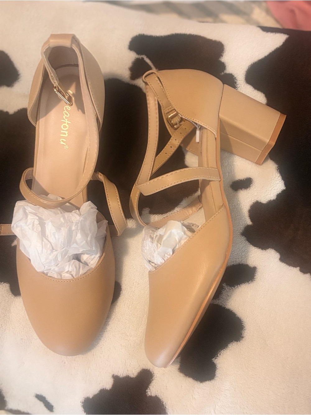 Greatonu Beige Cross-Strap Block Heel Mary Janes